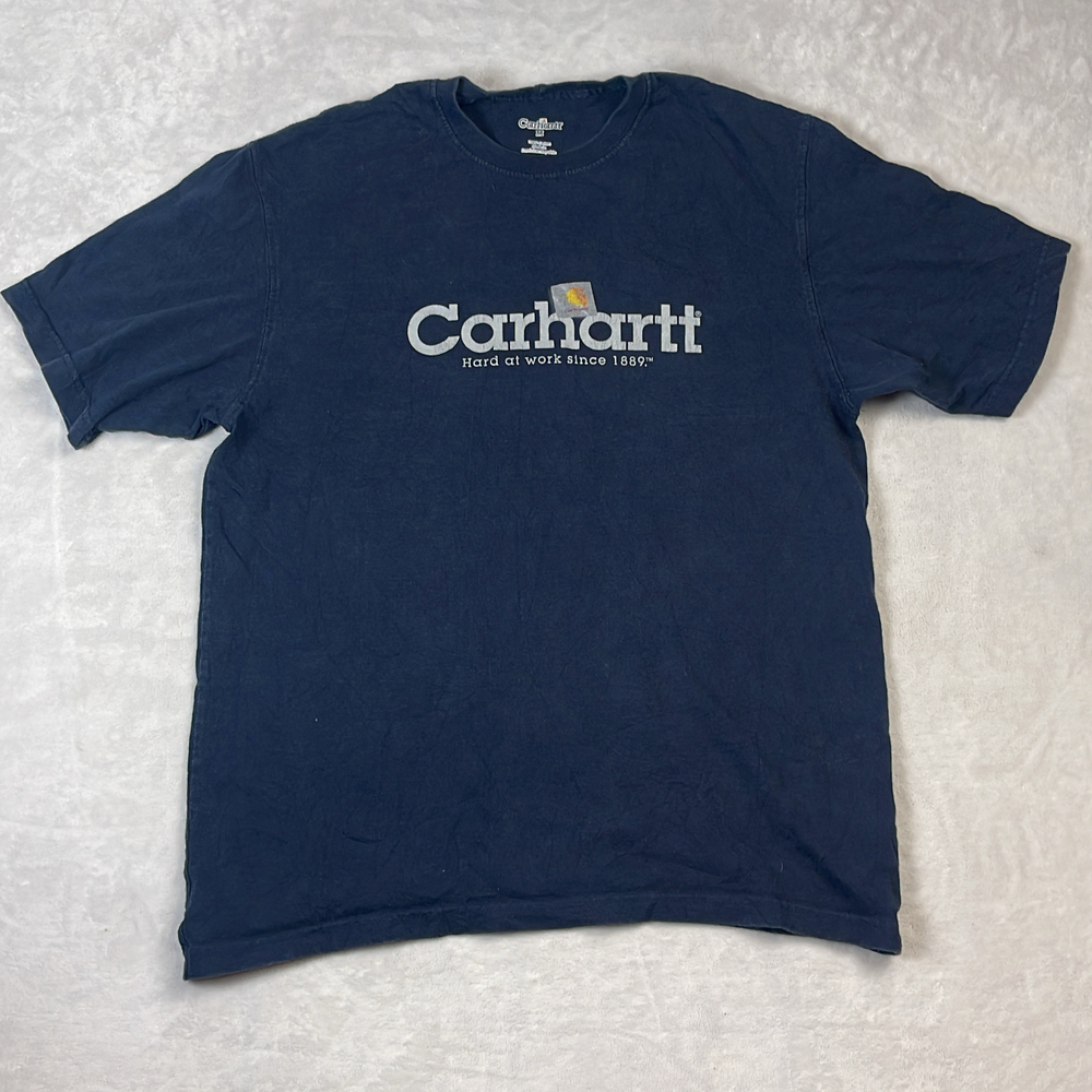 Carhartt Men's T-Shirt Size M Navy Blue Spellout Hard At Work Workwear Graphic